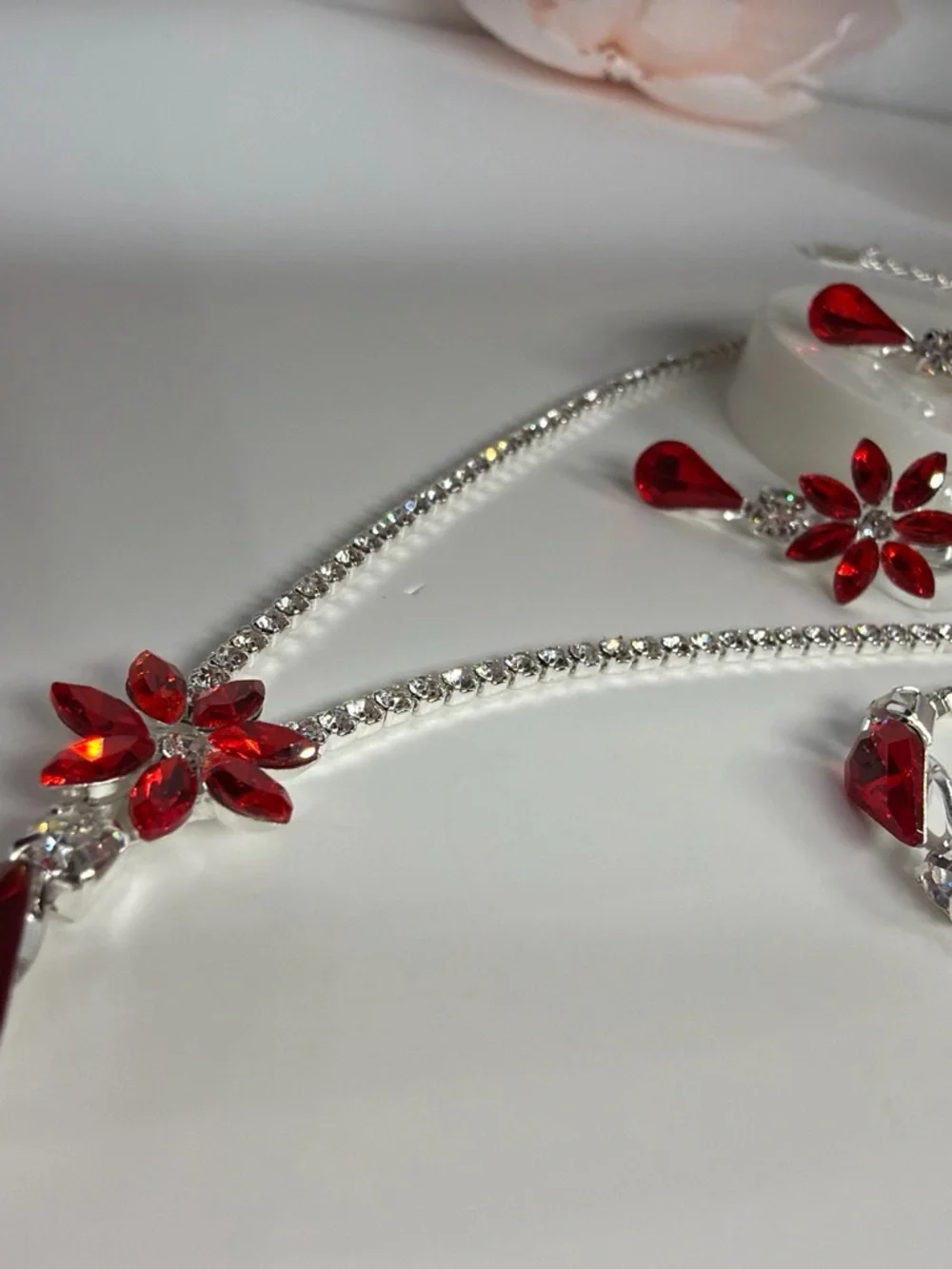 Elegant Red Crystal Floral Necklace & Earring Set - Women Jewelry